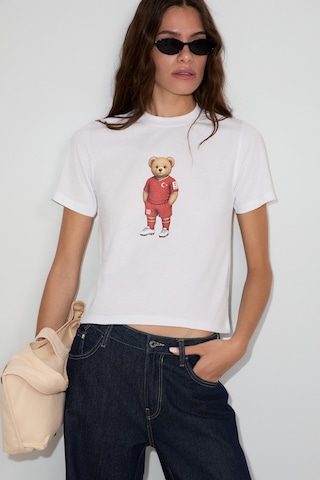 Grımelange Umayana Kadın Yumuşak Ve %100 Organik Pamuklu Dünya Kupasına Özel Baskılı Beyaz T-shirt