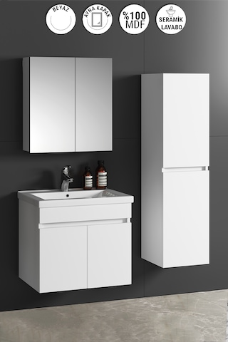 Çiğdem 65+35 Cm Beyaz Mdf Lavabolu Asma Banyo Dolabı Takımı Beyaz