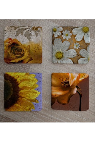 Sarı Gül Ve Çiçekler Doğal Taş Bardak Altlığı 4'lü Set - Natural Stone Coasters - Taş Sarı