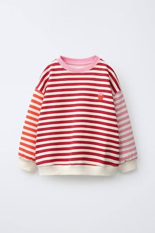 Minigimin Cicileri Çizgili Çilek Nakışlı Oversize Kız Çocuk Sweatshirt - Kırmızı