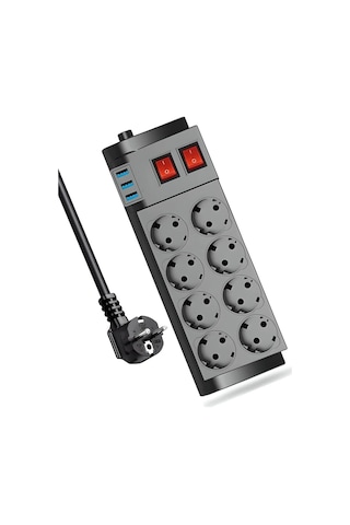 2 Metre 8 Li Grup Priz 3 Usb Portlu, Termal Ve Aşırı Akım Koruması, Ev Ofis Çoklu Uzatma Kablosu 2 M