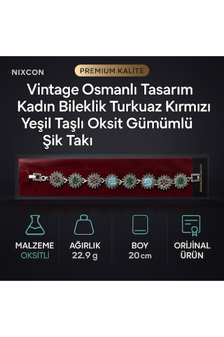 Vintage Osmanlı Tasarım Kadın Bileklik Turkuaz Kırmızı Yeşil Taşlı Oksit Gümüş Görünümlü Şık Takı Antik Gümüş