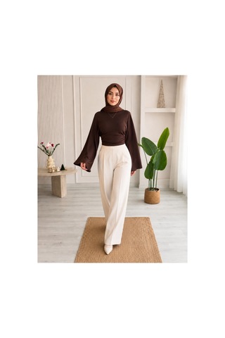 Unika Boutique Kadın Geniş Kol Belden Oturtmalı Bluz Kahverengi
