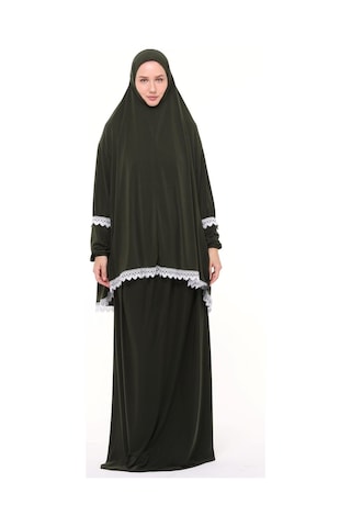Kadın İki Parça Likra Sandy Kumaş Dantelli Kollu Namaz Elbisesi Haki Antrasit