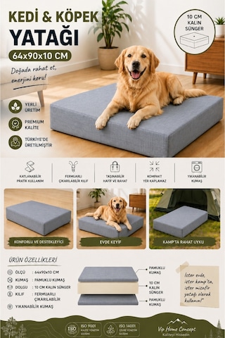 Büyük Irk Köpek Yatağı Süngerli Fermuarlı Yıkanabilir Kılıflı Köpek Minderi 64x90x10 Cm-gri