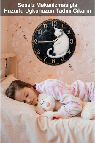 Siyah Ve Beyaz Kedi Figürlü Mdf Duvar Saati Çift Katmanlı Sessiz Mekanizmalı 33 Cm Sdw033 Renkli
