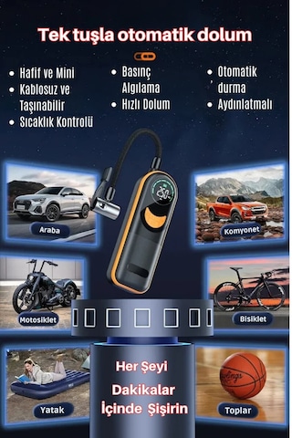 Aimod Airslim Mini Taşınabilir Şarjlı Araba Hava Kompresörü Led Işıklı Oto Araç Lastik Top Şişirme Pompası Kablosuz
