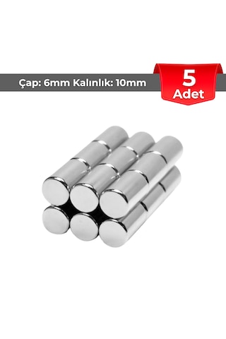 Neohobi 5 Adet Neodyum Mıknatıs Çap: 6mm Kalınlık: 10mm D6x10 Ndfeb Güçlü Mıknatıs Yuvarlak N006