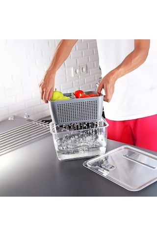 Vinoa 2,5 Litre Süzgeçli Buzdolabı Düzenleyici Organizer + Saklama Kabı Gri