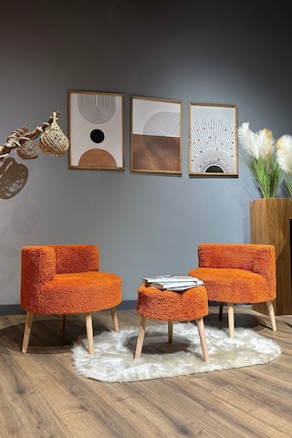 Elegant Comfort Tarçın Rengi Çay Seti Ve Peluş Ikili Berjer & Puf Takımı - 3'lü Set