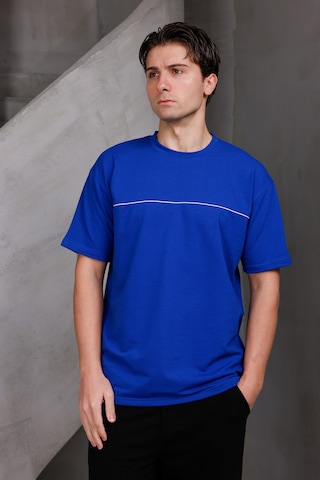 Erkek Garnili Şeritli Oversize Bisiklet Yaka 2 İki İplik Kompakt T-shirt Saks