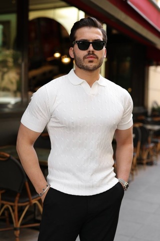Veraura Lifestyle Erkek Örgü Desen Yakalı Kısa Kollu Triko Tişört Beyaz
