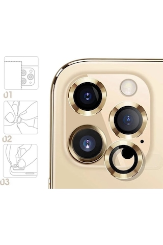 Apple Uyumlu iPhone 14 Pro Max Kamera Koruyucu Lens Mercek Metal Çerçeveli 3lü Set Gold Altın