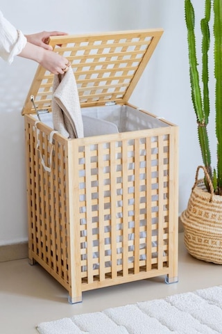 Digithome Bambu Bölmeli Çamaşır Sepeti 62x45 Cm Kulplu Taşınabilir Bezli Kahverengi