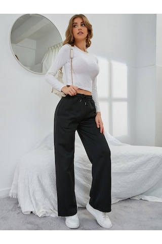 Kallima Kışlık Polarlı Yüksek Bel Siyah Bol Paça Eşofman Altı Siyah