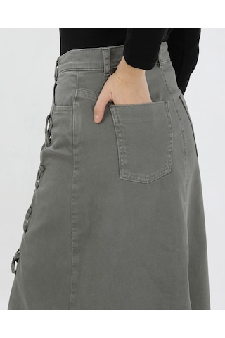 Vellichor Bağcık Detaylı Denim Etek- Haki Çok Renkli