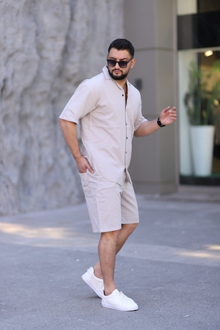 Çağla Yeşili Renk Gömlek Şort Erkek Keten Takım Oversize Kalıp Taş