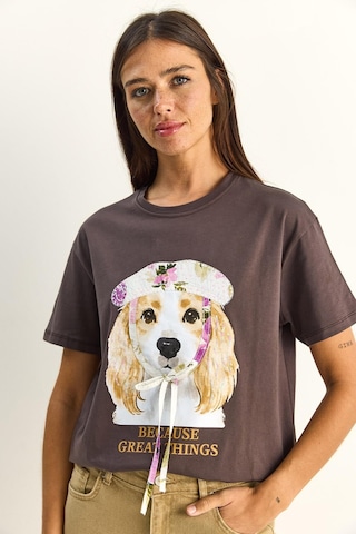 Shade Kadın Baskı Ve Payet Detaylı Fiyonklu Basic T-shirt 7643 60286115 - Kahverengi