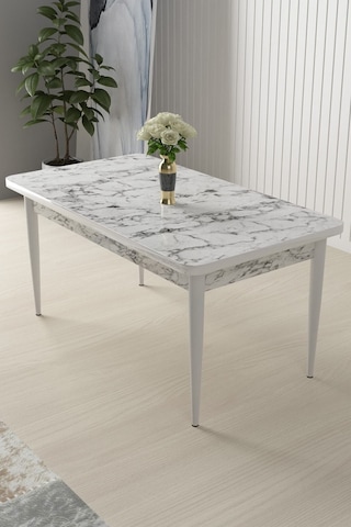 Canisa Concept Arp Serisi 70x110 Sabit Mutfak Masası Takımı Beyaz Mermer Desen Masa 4 Hardal Sandalye Masa Beyaz/ Sandalyeler Hardal Sarısı