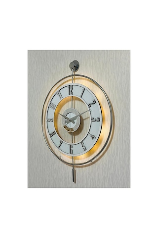 Pey Aksesuar Metal Camlı Duvar Saati Krom Statık 50 X 70cm Orta Boy Işıklı M51-kromgrı-şeffaf-beyaz-gümüş Gri