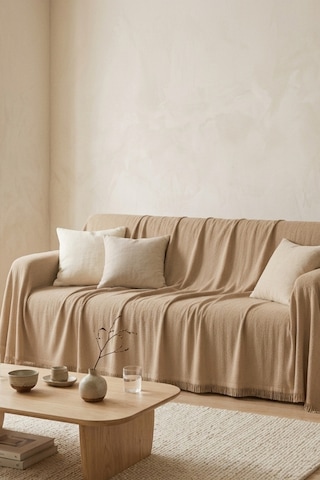 İskandinav Dokulu Pamuklu Saçaklı Koltuk Örtüsü Ve Koltuk Şalı Kaymaz Terletmez 180x300 Cm Bej