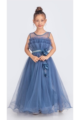 Mnk Baby & Kids Kız Çocuk Robası Katlı Özel Gün Abiye Elbise Mnk0475 İndigo