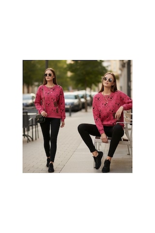 The Kadın Pembe Ayıcık Baskılı Sweatshirt 3 İplik Şardonsuz, %100 Pamuk Rahat Kalıp Pembe