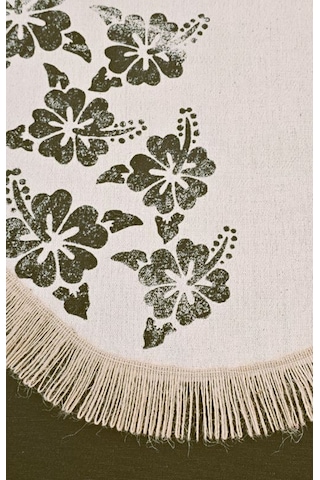 %100 Pamuklu Ham Keten Hasır Püsküllü Çiçek Taş Baskı 6' Lı Amerikan Servisi Supla Yuvarlak 40cm Naturel