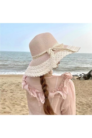 Dantel Detaylı Plaj Şapkası, Hasır Güneşlikli Yaz Aksesuarı, Şık Ve Rahat Kumsal Şapkası Yeşil