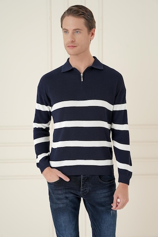 Efor Slim Fit Çizgili Fermuarlı Polo Yaka Lacivert Triko Kazak Tr 877 Lacivert