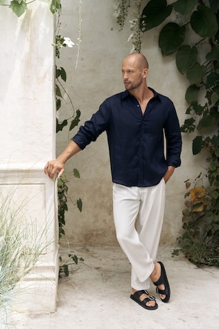 Mai Collection Mai Studios Co. Bice Lacivert Keten Oversize Erkek Gömlek Lacivert