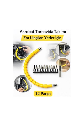 Matkap Ucu Akrobat 12 Parça Bit Seti Esnek Mil, Kalıcı Mıknatıs, 10 Adet Bit, Krom Vanadyum, Akülü Vidalama Makineleri İçin