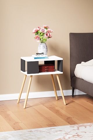 İntergo Ahşap Ayaklı Dekoratif Raflı Komodin  Antarsit Gri - Beyaz