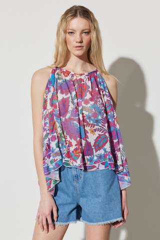 Regular Fit Normal Kesim Bisiklet Yaka Kolsuz Desenli Kloş Bluz Renkli