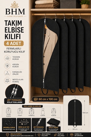 4'lü Takım Elbise Kılıfı 60x100 Cm Çift Fermuarlı Gamboç Elbise Kılıfı Kıyafet Koruyucu Toz Geçirmez Dolap Düzenleyici Siyah