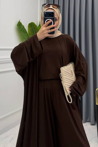 Balenbi Kadın Penye Uzun Hırka Bluz Geniş Paça Pantolon Abaya Takım 1217 Kahverengi