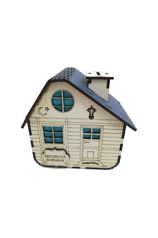 Kişiye Özel Dekoratif Ahşap Mavi Dağ Evi Kumbara -Tipbox
