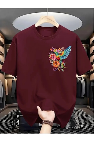 Flood Of Style Kadın Bordo Sinek Kuşu Baskılı Oversize