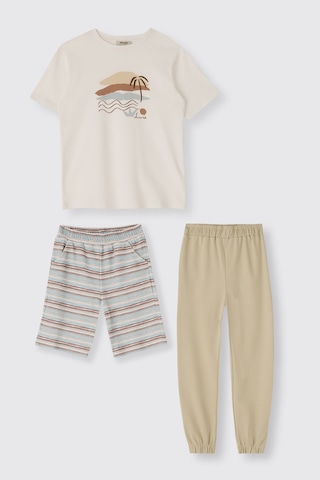 Panço Erkek Çocuk Bej 3'lü Pijama Takımı Krem