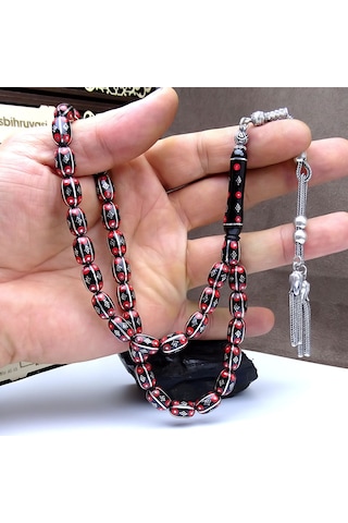 Gümüş ve Mercan İşlemeli Erzurum Oltu Taşı Tesbih