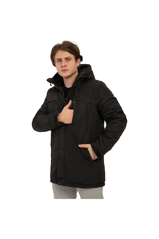 Erkek Polarlı Kürklü Su Ve Rüzgar Geçirmez Kapüşonlu Kışlık Mont & Kaban & Parka Siyah