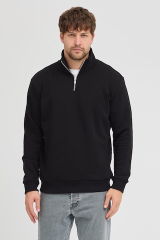 Unisex Regular Fit Rahat Kesim Pamuklu Içi Polarlı Yarım Fermuarlı Siyah Dik Yaka Sweatshirt Siyah