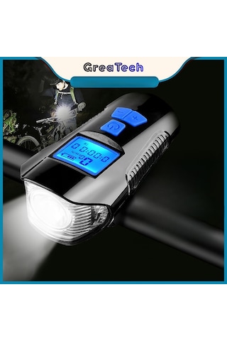 Greatech Şarjlı Bisiklet Lcd Hız Göstergesi Su Geçirmez Led Işık Km Ekran Kronometre Bisiklet Kornası Feneri Siyah - Mavi