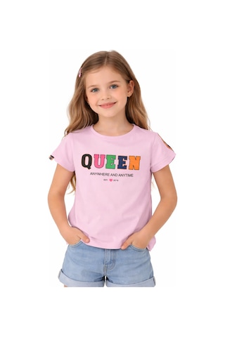 İrem Çocuk Giyim Kız Çocuk Queen Yazı Desenli Omzu Şerit Detaylı Kısa Crop Pembe Renk Tişört Pembe
