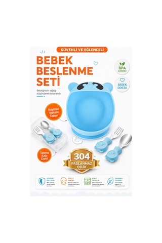 Mavi Premium Çocuk Vakumlu Silikon Beslenme Mama Kase, Paslanmaz Çelik Çatal-kaşık /9+ Ay