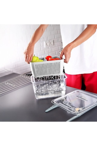 Vinoa 2,5 Litre Süzgeçli Buzdolabı Düzenleyici Organizer + Saklama Kabı Beyaz