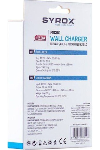 Syrox J15 2.0A Micro Usb Samsung Uyumlu Şarj Aleti (Başlık Ve Kablo)