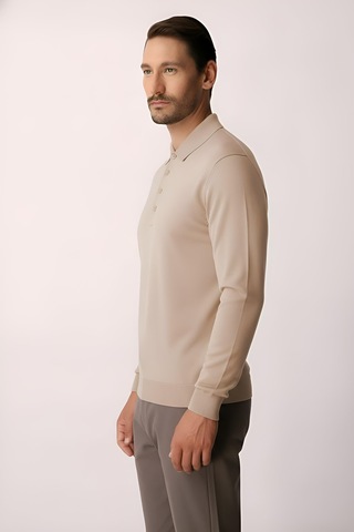 İgs Bej Standart Fit Dar Kalıp Polo Yaka Düz Uzun Kollu Triko-21906 Bej
