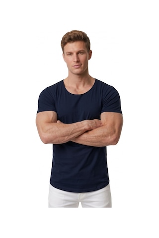 Deepsea Erkek Lacivert Geniş Yaka Likralı Tişört Oval Yaka Slim Fit Eteği Oval Açık Yaka T-shirt 1801199 Lacivert