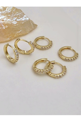 6'lı Zirkon Taşlı Gold Renk Küpe Seti 1cm Altın